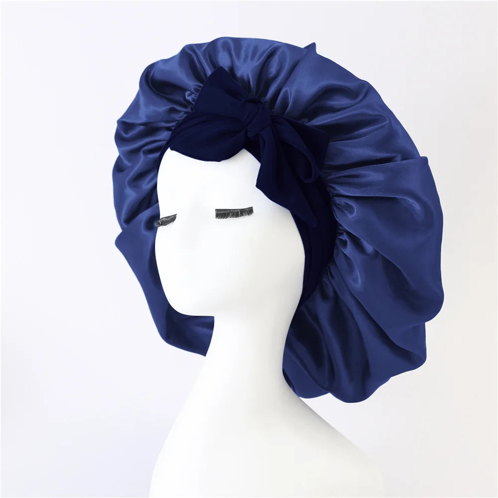 Women Satin Bonnet Solid Sleeping Hat Stretchy Tie Band Elastic Night Shower Cap Adjustable Hair Head Cover Bonnet for Women