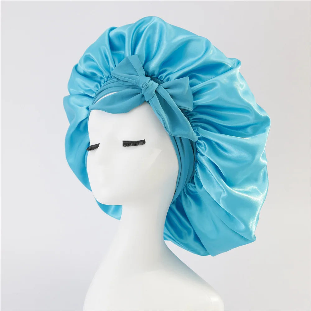 Women Satin Bonnet Solid Sleeping Hat Stretchy Tie Band Elastic Night Shower Cap Adjustable Hair Head Cover Bonnet for Women