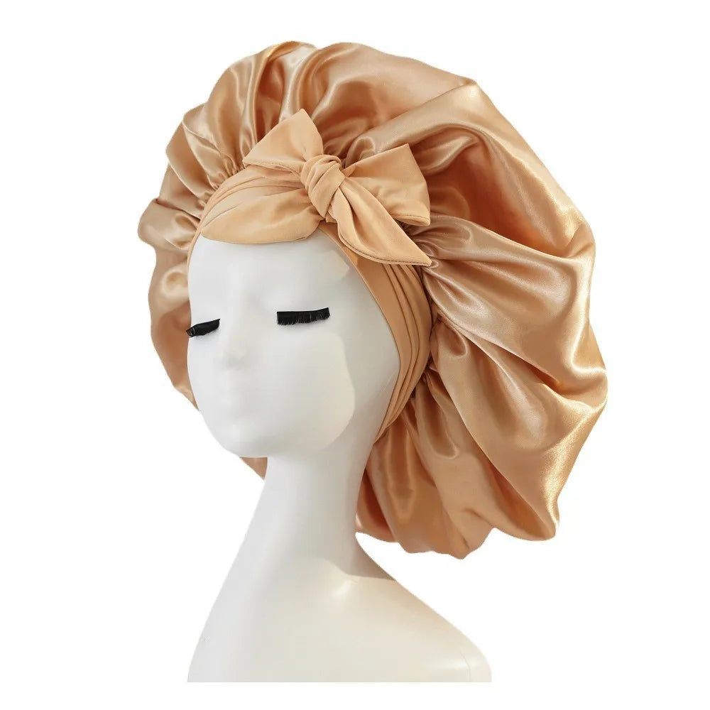 Women Satin Bonnet Solid Sleeping Hat Stretchy Tie Band Elastic Night Shower Cap Adjustable Hair Head Cover Bonnet for Women