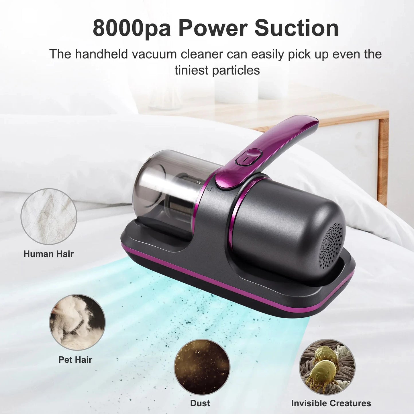 Wireless Mattress Vacuum Cleaner Cordless Handheld UV-C Bed Dust Remover Indepth Cleaning Sofa Specialist 12Kpa Powerful Suction