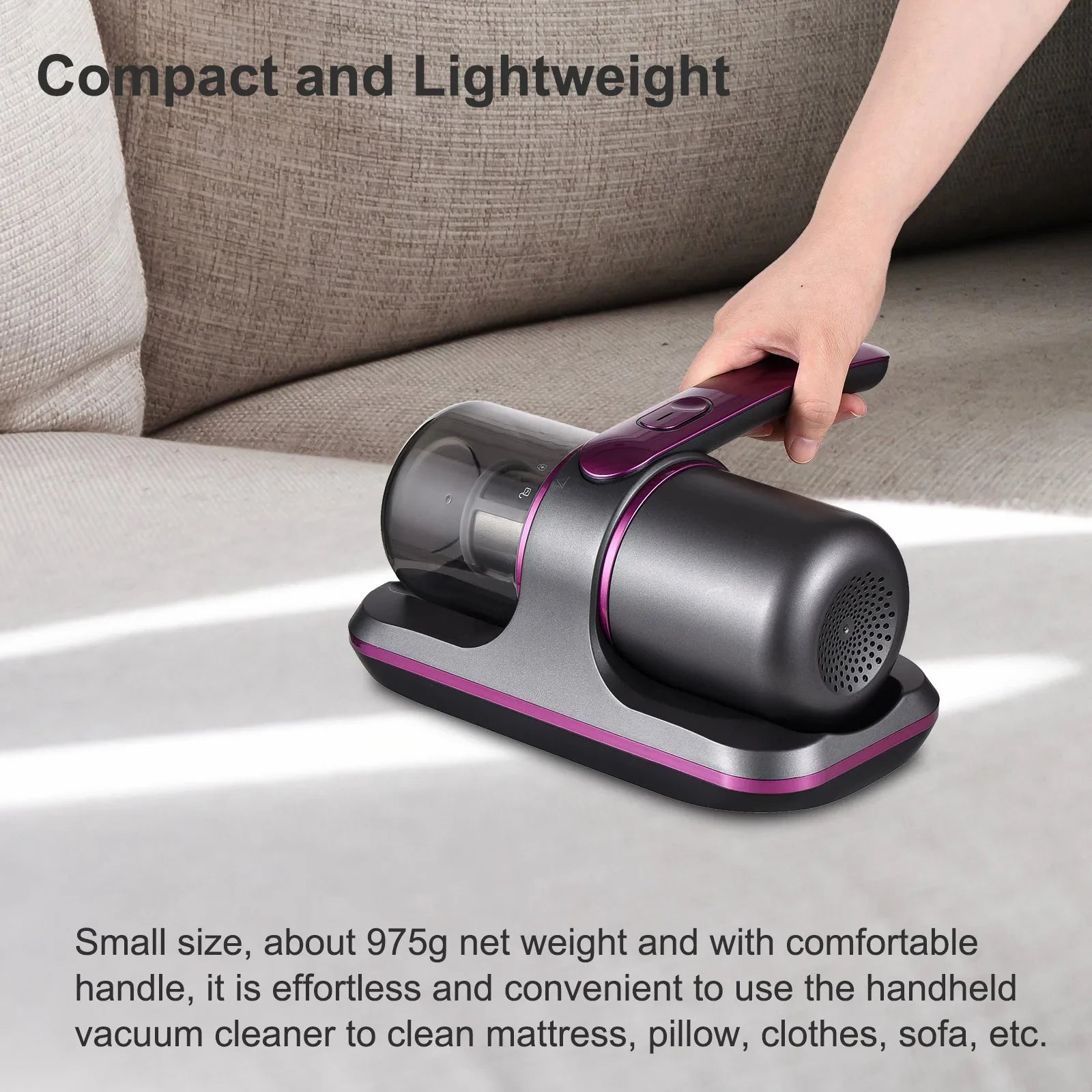 Wireless Mattress Vacuum Cleaner Cordless Handheld UV-C Bed Dust Remover Indepth Cleaning Sofa Specialist 12Kpa Powerful Suction